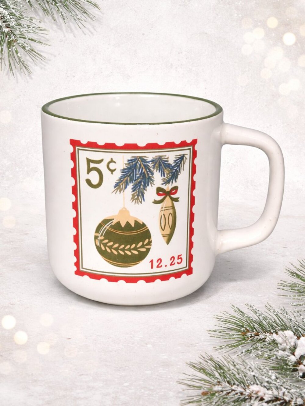 Vintage Christmas Mug 5¢ Stamp Holiday Coffee Cup Ceramic Ornament Design